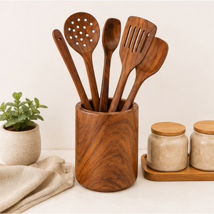 Ensemble d'ustensiles de cuisine en bois écologiques et modernes, 4 pièces, avec spatule à long manche, louche et cuillère, pour la maison et la restauration - Product Image 2
