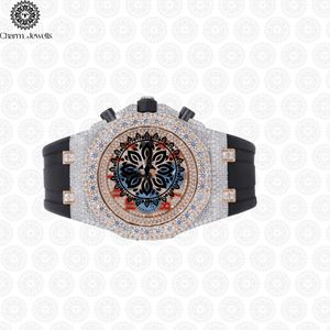 Charm_Jewells Men's Luxury Stainless Steel Watch 43mm Irregular Case Diamond Encrusted Rubber Band Mechanical <b>Chronograph</b> - Product Image 4