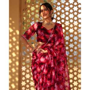 Robe de mariée élégante et chic, de créateur, à manches courtes, col en V, imprimé floral, en mousseline de soie, longueur ras du sol, style traditionnel indien - Product Image 6