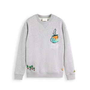 Sudadera Gris de Cuello Redondo para Hombre con Diseño Floral y Taza de Café Bordada a Mano, Estilo Casual Holgado para Otoño - Product Image 2
