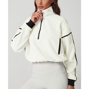 Sudadera Oversize de Forro Polar Blanco para Mujer con Media Cremallera, Cuello Alto, Hombros Caídos, Manga Larga, Largo Corto, para Invierno, OEM - Product Image 4