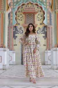 ชุดเดรสยาวลำลองผ้าฝ้ายพิมพ์ลายบล็อกอินเดียสำหรับผู้หญิง ระบายอากาศได้ดีและสวมใส่สบาย - Product Image 5