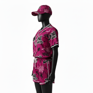 Ensemble short de baseball pour femmes, léger, en polyester mesh 150 GSM, respirant, imprimé par sublimation rose, logo personnalisé, ensembles pour femmes - Product Image 3