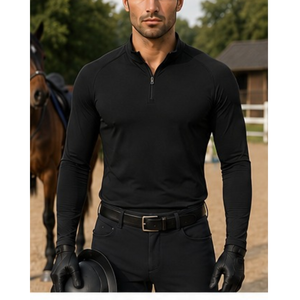 Chemise d'équitation pour homme à manches longues, imprimée, noire, avec fermeture éclair sur le devant, tricotée, performante, style décontracté chic - Product Image 1