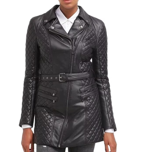 Women's Long Quilted PU Leather Jacket With Zipper Closure Turn-down Collar Autumn Style - Product Image 1