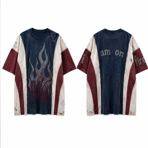 T-shirt Homme Personnalisé Vintage Délavé à Panneaux Contrastants, Imprimé Flamme Strass, Slogan Avant et Arrière, Texte Manches, Trous Déchirés, Coupe Oversize Streetwear - Product Image 1