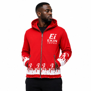 Custom Logo Men's Full <b>Zip</b> Up Hoodie Flame Print Fleece <b>Hooded</b> Sweatshirt Streetwear Zipper Jacket OEM - Product Image 3
