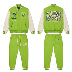 Mens Varsity Tracksuit 380 GSM Cotton Polyester Fleece Lime Green Contrast Sleeve Custom Chenille <b>Embroidery</b> Print - Product Image 1