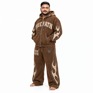 Ensemble survêtement homme marron zippé avec sweat à capuche et pantalon de jogging, décontracté, grande taille, longueur intégrale, imprimé strass, style streetwear - Product Image 2