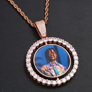 Gold Plated Silver Lab Grown Diamond Rotating <b>Memory</b> Custom Photo Pendant Tennis Circle Charm - Product Image 2