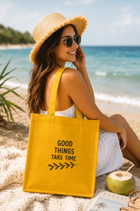 Yellow Canvas Shopping <b>Bag</b> With "Good Things Take Time" Print <b>Medium</b> Size Hand Carry Tote For Daily Use - Product Image 3