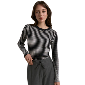 Haut en maille mérinos pour femme, col rond, manches longues, léger, doux, rayé, pull décontracté, couche de base, haut tendance - Product Image 3