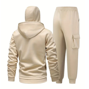 Ensemble de survêtement beige à capuche pour homme, fermeture éclair intégrale, manches longues, pantalon cargo, tenue décontractée d'automne, couleur unie, matière polyester - Product Image 2