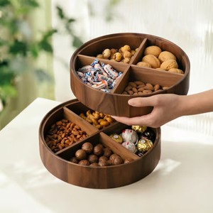 Boîte à fruits secs ronde en bois avec compartiments divisés pour le stockage des aliments de fête dans la cuisine en gros - Product Image 1
