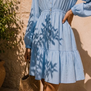 Robe midi en coton coupe trapèze avec ourlet à volants, manches longues, col à revers, décontractée, respirante, coupe ample pour l'été - Product Image 3