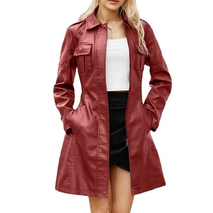 Veste de rue de bureau élégante pour femmes en similicuir avec fermeture à glissière de couleur unie ceinture à manches longues mince processus tricoté respirant - Product Image 1