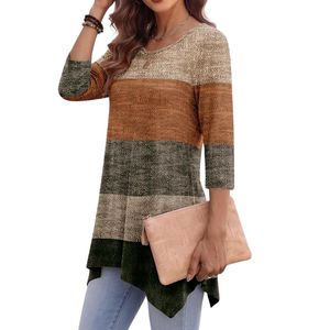 Chemise en rayonne à rayures ombrées aux tons terreux, grande taille, col rond, ourlet drapé, de haute qualité, tunique pour femmes - Product Image 3