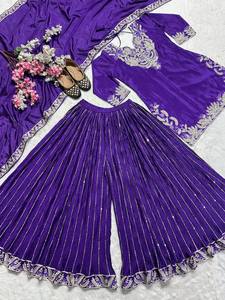 Robe ethnique indienne pakistanaise traditionnelle pour femmes en soie violette brodée, longueur cheville, coupe régulière, toutes saisons - Product Image 3