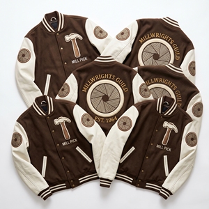 Blouson Bomber Varsity Personnalisé avec Manches en Cuir, Broderie Voiles de Moulin à Vent en Laine, Patch Brodé Timber Spindle, Couleur Ardoise - Product Image 3
