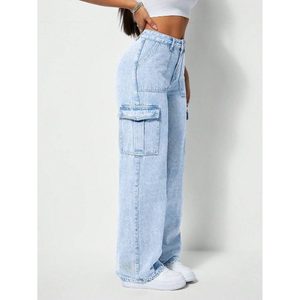 Jeans cargo pour femmes en denim bleu glace style rétro vintage multipoches, écologiques, respirants, style streetwear, 100% coton - Product Image 4