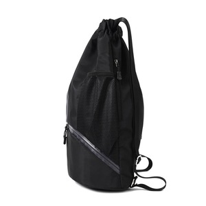 Unisex <b>Black</b> Drawstring <b>Backpack</b> With Mesh Side Pockets And Zippered Bottom Compartment For Outdoor Sports Casual Use - Product Image 4