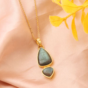Collar de joyería boho con colgante de labradorita natural brillante de doble piedra, cadena de cable chapada en oro de 18k, collar llamativo para mujer. - Product Image 6