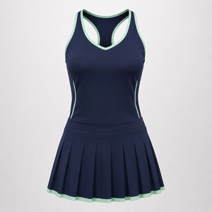Nouvelle robe de tennis bleu marine pour femme avec bordure menthe, jupe plissée en polyester respirant, tenue de sport, uniforme de tennis pour adultes - Product Image 1