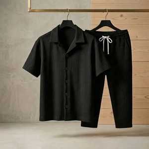 Ensemble décontracté 2 pièces pour homme en maille côtelée 320g : Chemise à col campiste à manches courtes et pantalon à cordon de serrage – Vente en gros OEM/ODM – Tenue d'été - Product Image 2