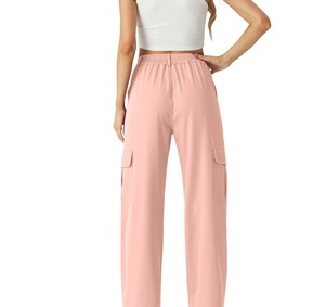 Pantalones Cargo de Cintura Alta para Mujer, Color Azul Claro Sólido, Corte Holgado, Cintura Elástica, Largos, Casuales, Transpirables, de Tela Tejida para Verano - Product Image 5