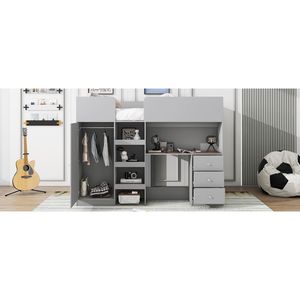 Letto a soppalco matrimoniale con armadio integrato, scrivania e scaffali portaoggetti, set camera da letto in legno grigio - Product Image 6