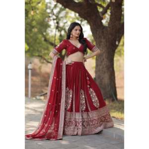 Trending Fully Flared Georgette Lehenga Choli en granate con vestidos de noche bordados - Product Image 4