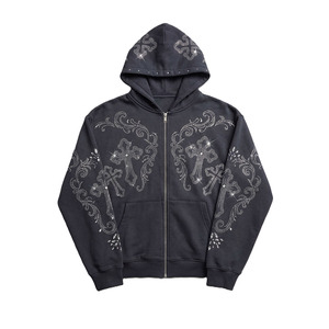 เสื้อฮู้ดซิปประดับเพชรเทียมสีดำสำหรับผู้ชาย ผ้าฝ้ายฟลีซหนานุ่ม สตรีทแวร์ สกรีนโลโก้ได้ ทรงหลวม คุณภาพสูง ขายส่ง รับผลิตแบบ OEM - Product Image 4