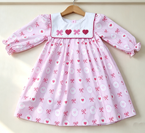 Vestido de Fiesta de Primavera para Niñas, Estilo A-Line, con Estampado de Corazones y Lazos Rosas, Cuello Redondo, Manga Larga, Dulce, de Poliéster/Algodón - Product Image 3