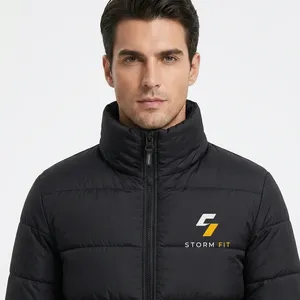 Men's Black Puffer <b>Jacket</b> Stand Collar Zipper Closure Windproof Casual Winter 100% Polyester Solid Color - Product Image 5