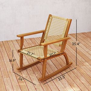 Set di 2 Sedie a Dondolo da Esterno in Legno di Acacia con Schienale in Vimini per Giardino, Colore Kaki, con Imbottitura in Poliestere per Villa - Product Image 3