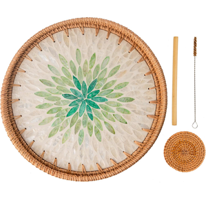 Bandeja de servir hecha a mano de tamaño mini, de nácar y ratán, para bebidas frías, almacenamiento de tazas de té y servicio. - Product Image 5