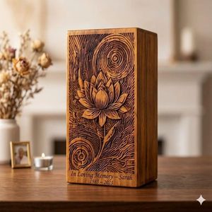 Handmade Wooden Cremation Urn Adult Ashes <b>Memorial</b> <b>Keepsake</b> <b>Box</b> Carved Lotus Custom Engraved Name Home Display - Product Image 2