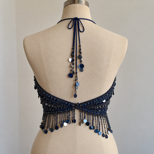 <b>Blue</b> Beaded Halter Tank <b>Top</b> <b>Sequin</b> Fringe Crop Camisole for Festival Beach Dance - Product Image 4