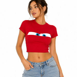 Top Corto Rojo de Manga Corta con Cuello Redondo, Estampado, Ajustado, Informal, Personalizado - Product Image 1