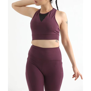 Ensemble de yoga bordeaux pour femme : haut court dos nageur et leggings taille haute, 2 pièces, tenue de sport sans couture en Spandex et Polyester - Product Image 5