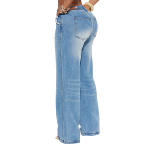 Pantalon large en jean délavé bleu clair pour femme, taille élastique avec cordon de serrage, coupe décontractée, jean décontracté avec poches, tendance - Product Image 2
