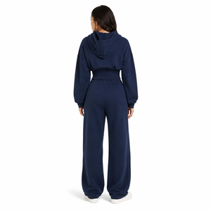Ensemble de survêtements décontractés Y2K pour femmes : sweats à capuche bleu marine zippés et pantalons en molleton coupe décontractée, taille élastique – Vente en gros OEM/ODM - Product Image 2