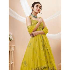 Impressionnante tenue de fiançailles brodée jaune fluo Lehenga Choli - Product Image 4