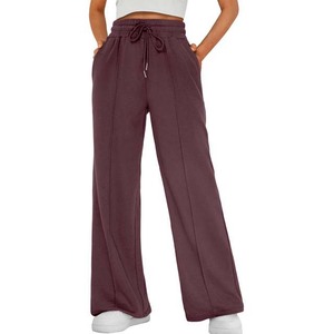 Pantalon large taille haute pour femme avec cordon de serrage, couleur unie, coupe décontractée ample, longueur totale, en maille polyester-coton - Product Image 2
