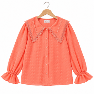 Wholesale Ladies' Pastel Swiss Dot <b>Blouse</b> Floral Lace Trim V Front <b>Long</b> Sleeve Button Closure <b>for</b> Office Wear and Boutique Shops - Product Image 4