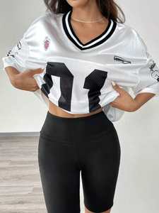 OEM High Quality Streetwear Oversized Boxy Women <b>Drop</b> Shoulder American Football Jersey Breathable 100% Polyester V Neck Top - Product Image 2