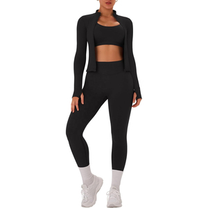 Ensemble de yoga 2 pièces pour femme : Leggings taille mi-haute et crop top, noir uni, sans couture, respirant, antibactérien, tenue d'entraînement longue - Product Image 6