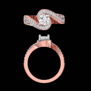 Anillo de compromiso de oro rosa con diamantes redondos de 1.05 quilates, diseño en espiral cruzado, banda pavé de triple fila y vástago moderno cruzado. - Product Image 3