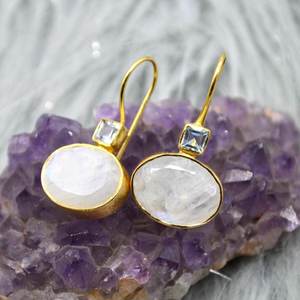 Rainbow Moonstone Blue Topaz Drop Earrings 925 Sterling <b>Silver</b> Handmade Dangle Earrings Natural Gemstone Jewelry Gift For <b>Women</b> - Product Image 1