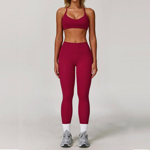 Burgundy Two Piece Yoga Set High Waist Leggings Spaghetti Strap <b>Crop</b> <b>Top</b> Seamless Full Length Activewear - Product Image 3